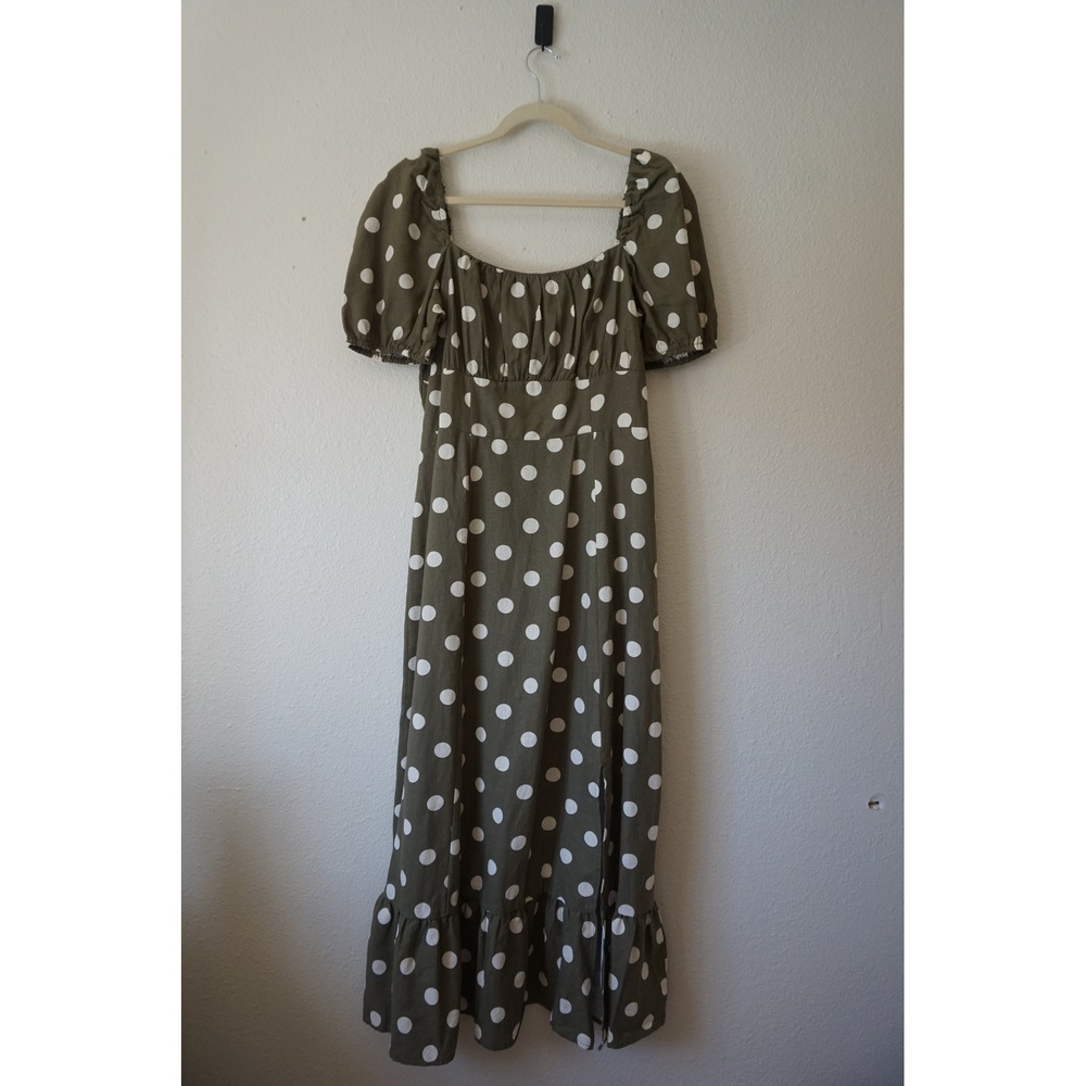 NWT Maggy London Midi Dress Polka Dot Puff Sleeve Linen Blend Boho Prairie sz 10 - Picture 2 of 7